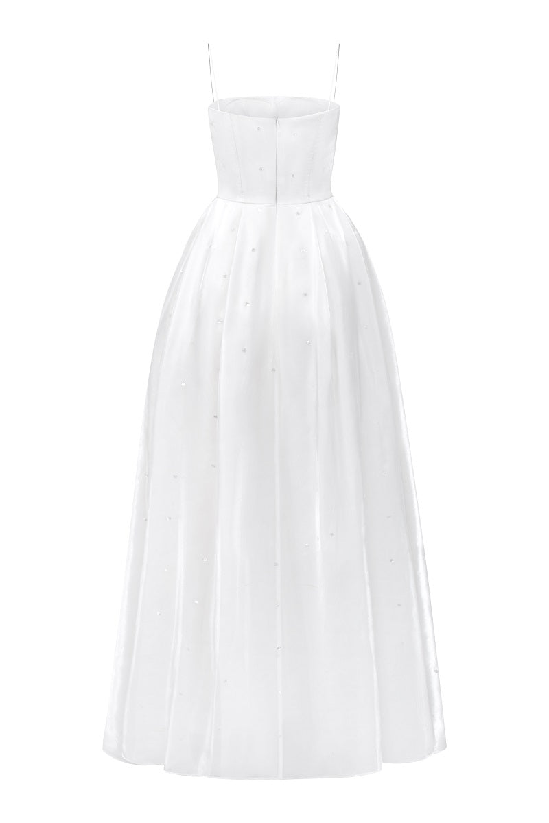 Off-white chiffon A-line maxi dress by Tracy Studio, flowing fabric and elegant design perfect for formal occasions.