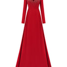Red velvet satin A-line gown by Tracy Studio, featuring a flowing silhouette and elegant design.