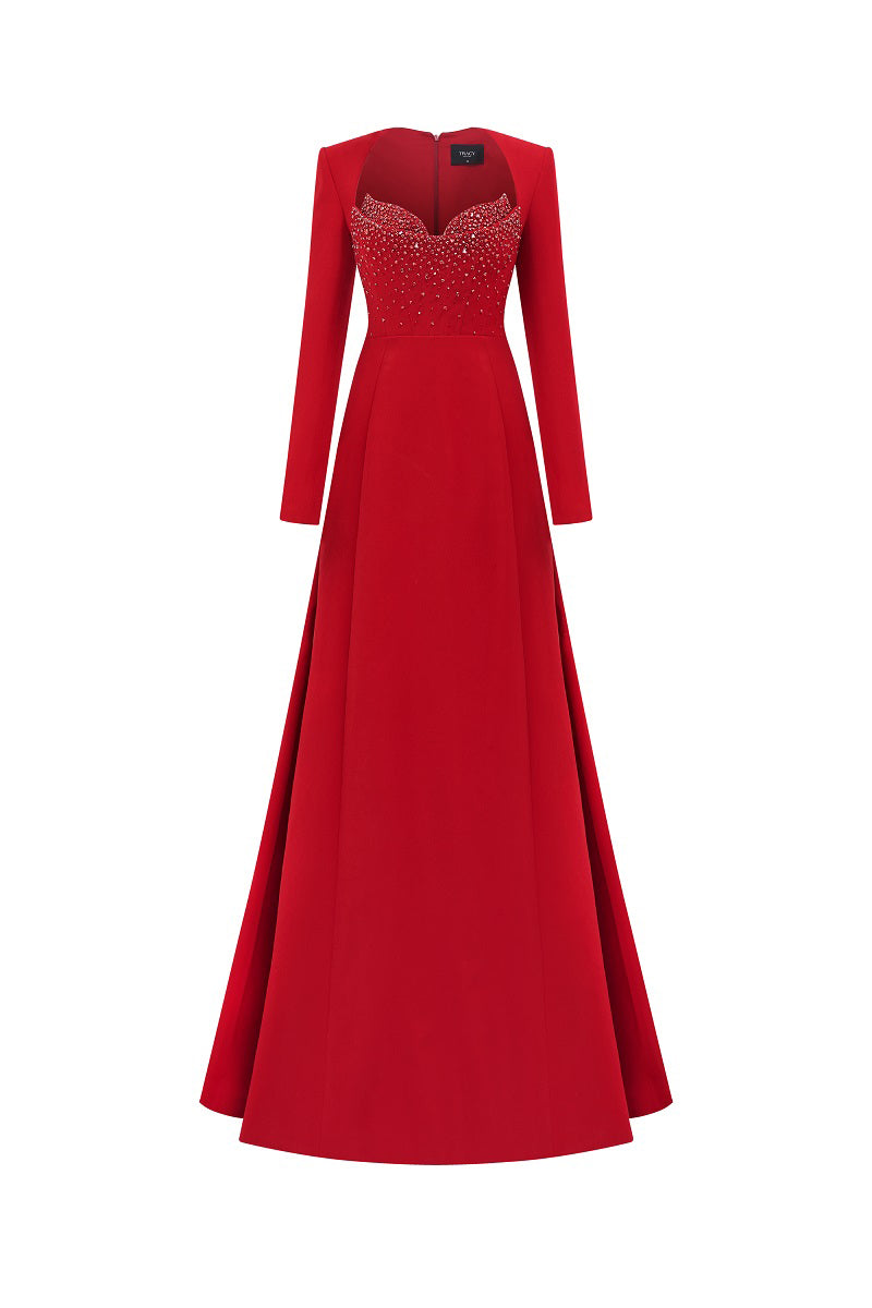 Red velvet satin A-line maxi dress from Tracy Studio, featuring a flowing silhouette and elegant fabric for formal occasions.