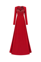 Red velvet satin A-line gown by Tracy Studio, featuring a flowing silhouette and elegant design.