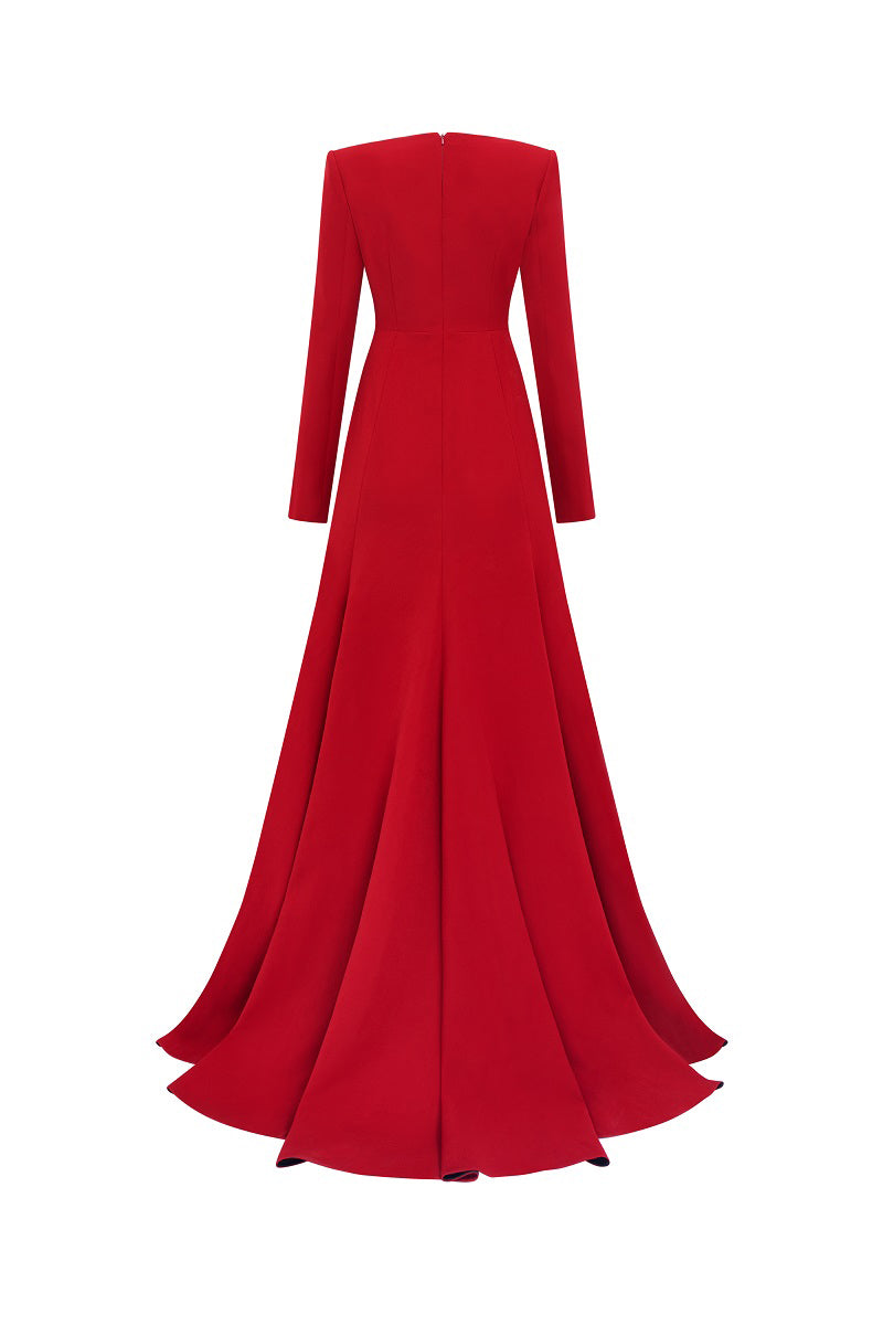 Red velvet satin A-line maxi dress by Tracy Studio, featuring a flowing silhouette and elegant design.