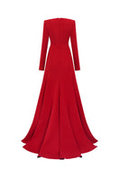 Red velvet satin A-line gown by Tracy Studio, featuring a flowing silhouette and elegant design, perfect for formal occasions.