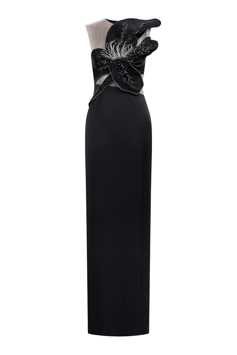 Elegant Tracy Studio taffeta mikado embellished maxi dress with intricate detailing and a flowing silhouette.