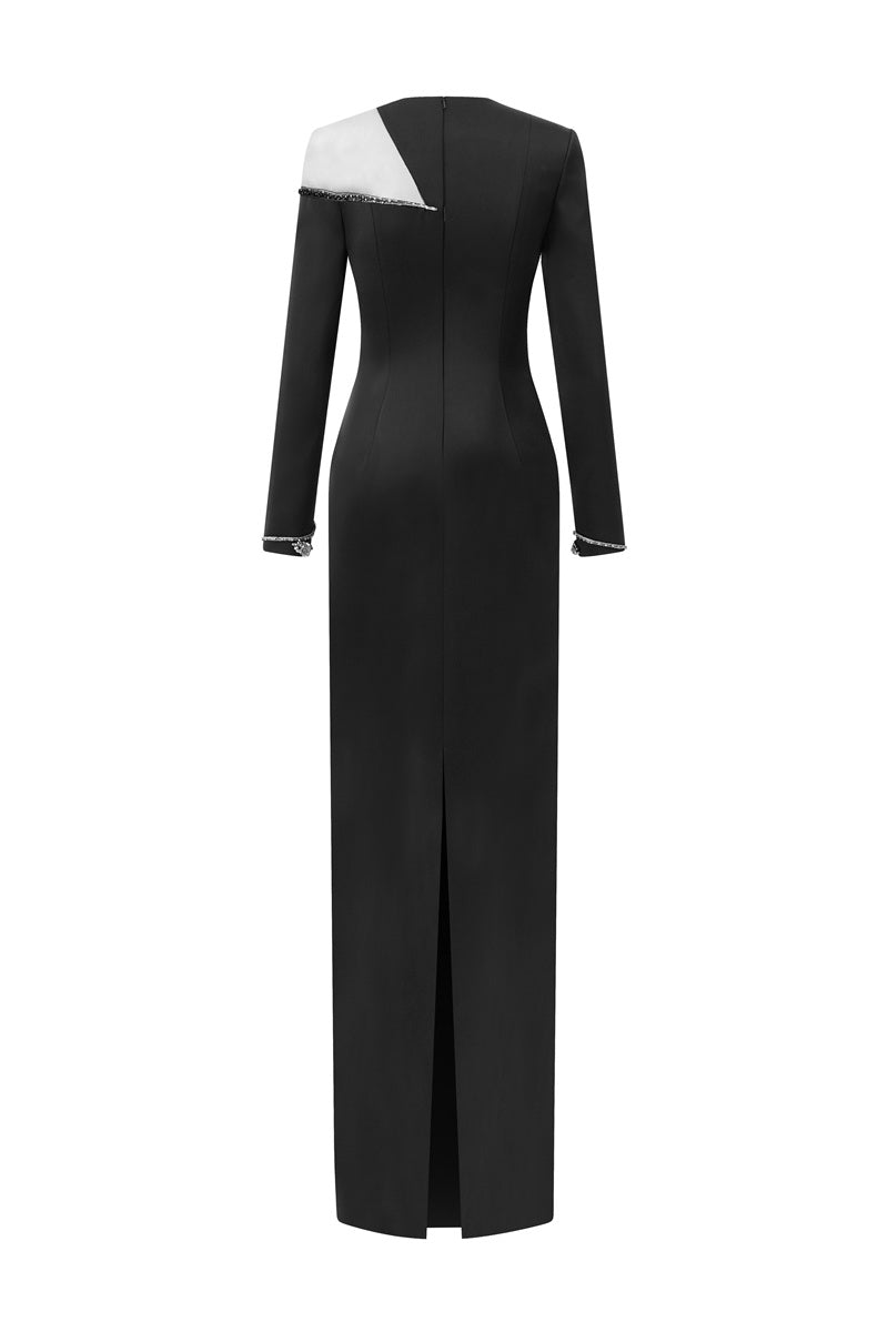 Black Taffeta Mikado straight maxi dress by Tracy Studio, elegant and sleek with a fitted silhouette and subtle sheen.