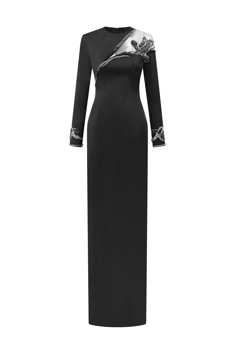 Black Taffeta Mikado straight maxi dress by Tracy Studio, featuring a sleek, elegant silhouette and smooth fabric.