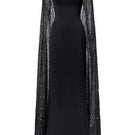 Black Taffeta Mikado boat neck gown by Tracy Studio, showcasing a flowing design and elegant boat neckline.
