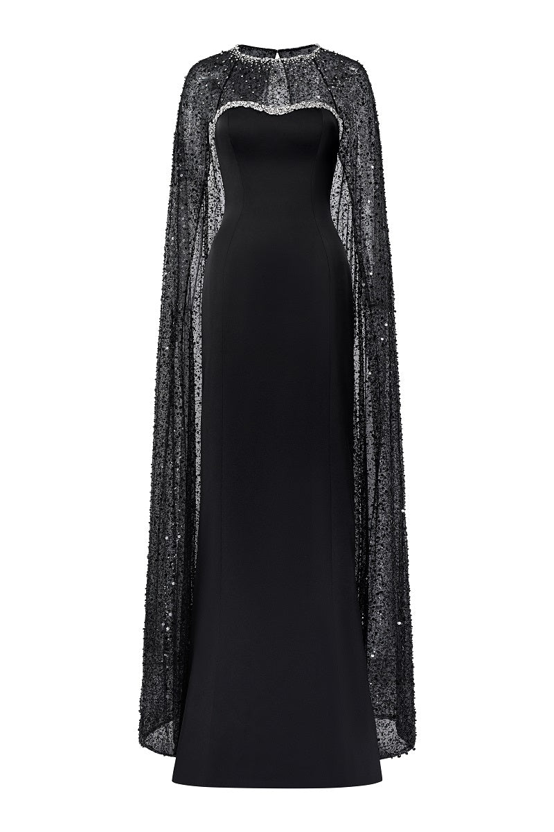Black taffeta mikado boat neck maxi dress by Tracy Studio, featuring elegant drape and sophisticated style.