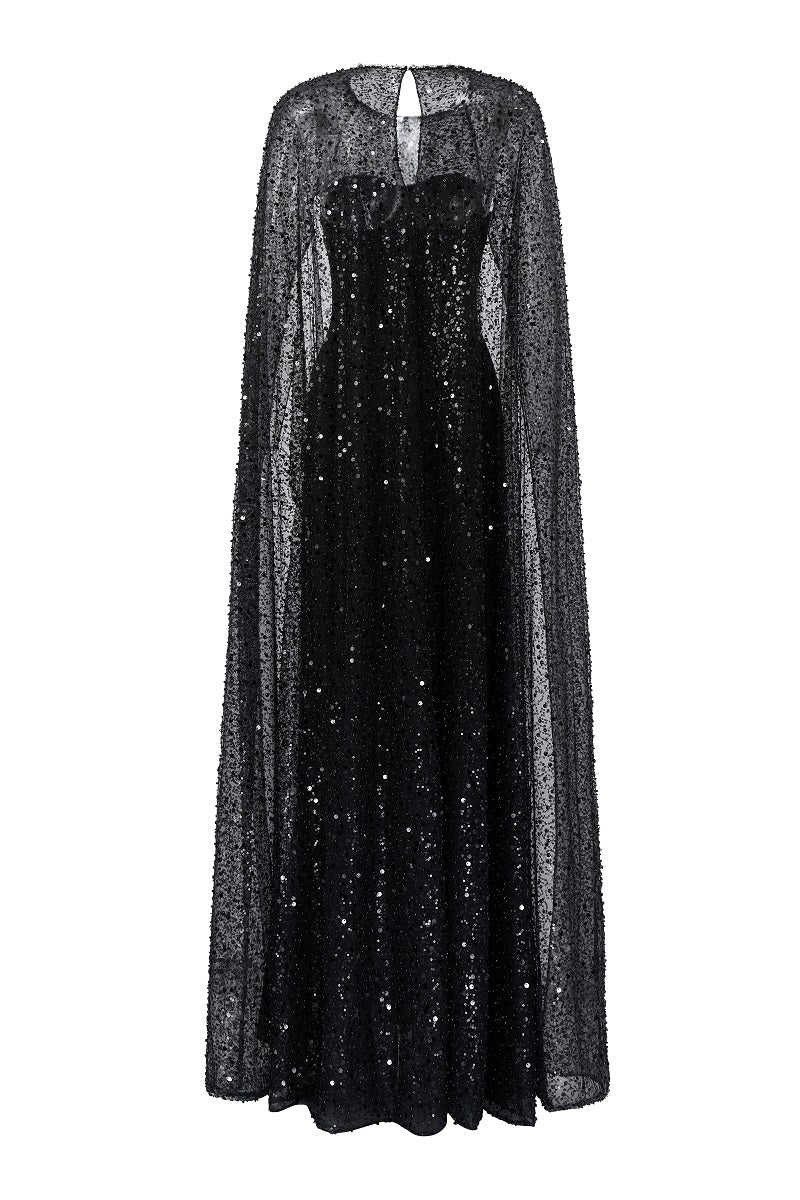 Black TAFFETA MIKADO boat neck maxi dress by Tracy Studio, featuring a sleek silhouette and elegant boat neckline.