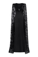 Black Taffeta Mikado deep V-neck gown by Tracy Studio, elegant floor-length dress with a stylish V-neck design.