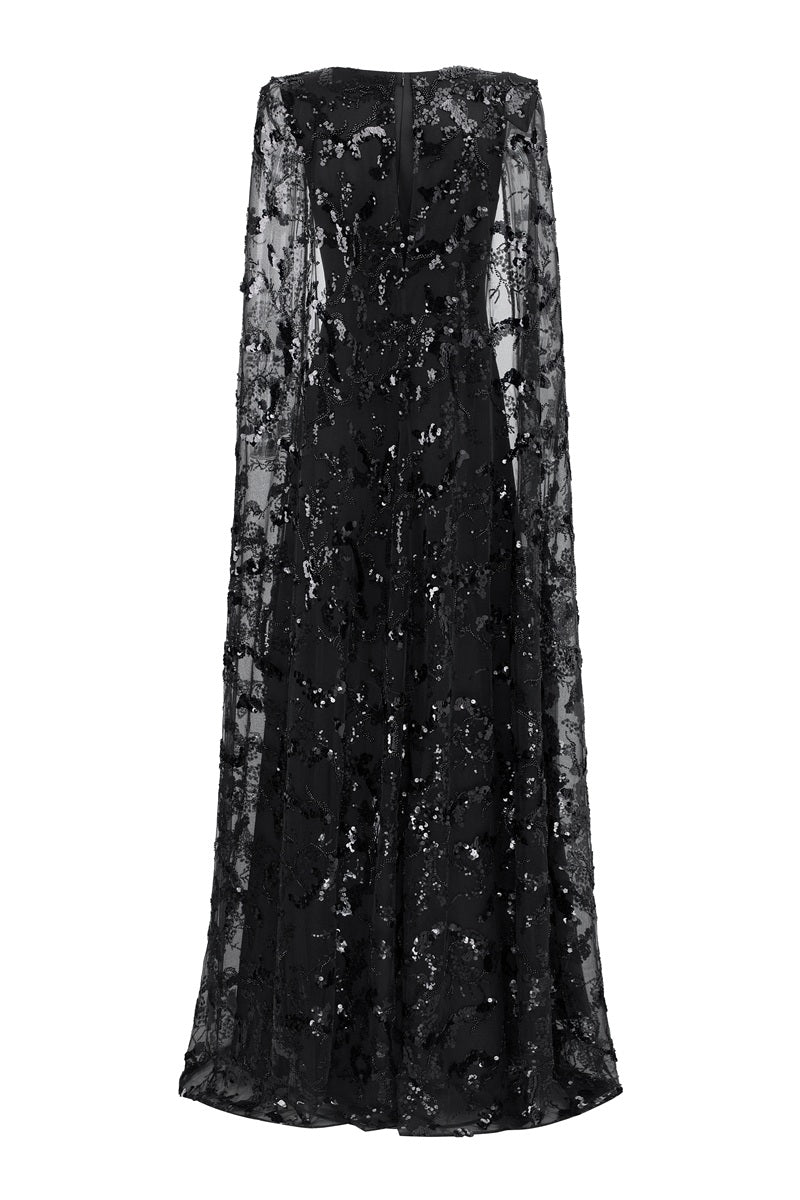 Black Taffeta Mikado deep V-neck maxi dress by Tracy Studio, elegant floor-length gown with a flowing silhouette.
