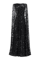 Black Taffeta Mikado deep V-neck gown by Tracy Studio, featuring elegant fabric and a sophisticated silhouette.