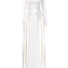 Elegant long sleeve taffeta mikado gown by Tracy Studio, featuring a fitted bodice and flowing skirt, perfect for formal occasions.