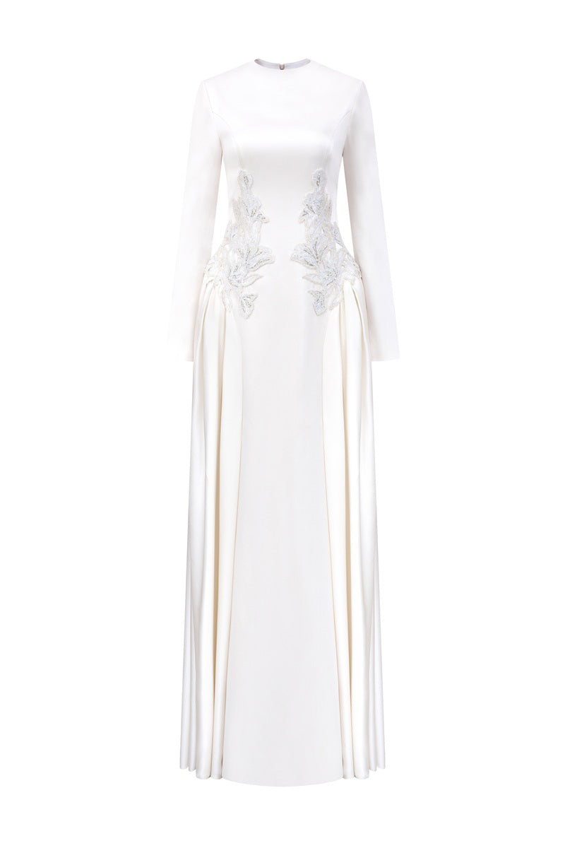Long sleeve taffeta mikado maxi dress by Tracy Studio, featuring a sleek silhouette and elegant design in the image.