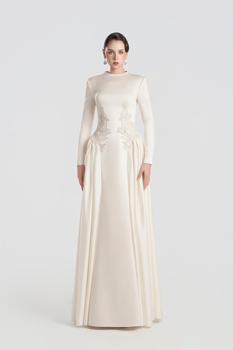 Long sleeve taffeta mikado maxi dress by Tracy Studio, featuring elegant design and structured fabric.