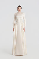 Elegant long sleeve taffeta mikado gown by Tracy Studio, featuring a flowing silhouette and sophisticated design.