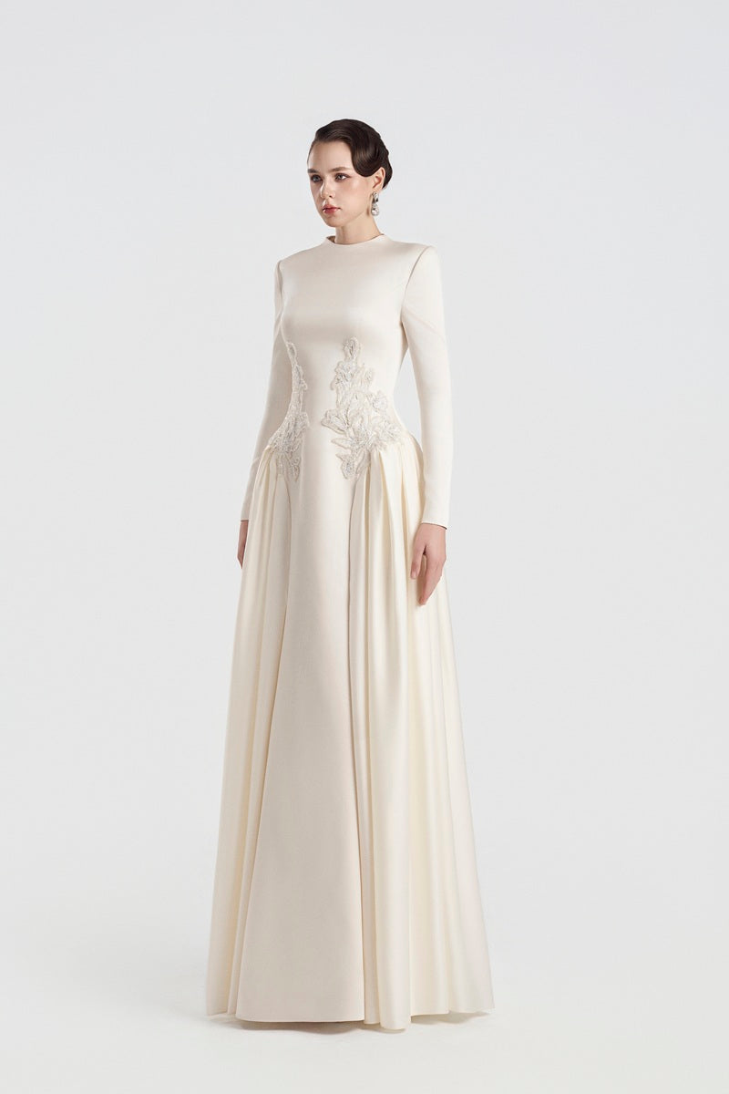 Long sleeve taffeta mikado maxi dress by Tracy Studio, elegant design with fitted bodice and flowing skirt, in a sophisticated style.
