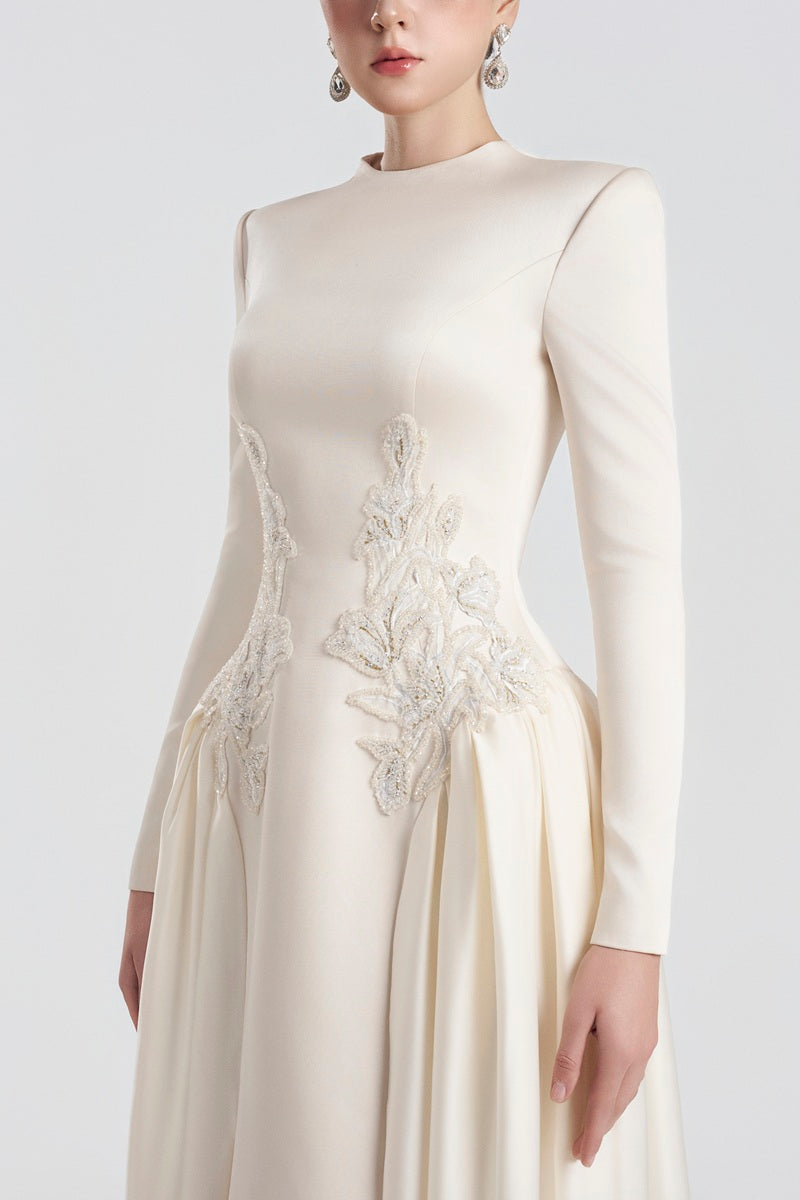 Long sleeve taffeta mikado maxi dress by Tracy Studio featuring a sleek silhouette and elegant design.
