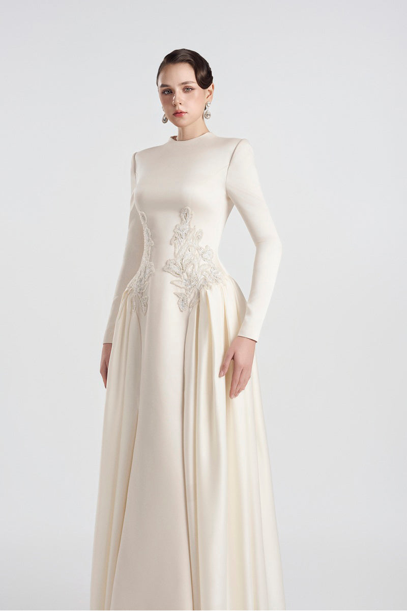 Long sleeve taffeta mikado maxi dress by Tracy Studio, featuring a flowing silhouette and elegant design.