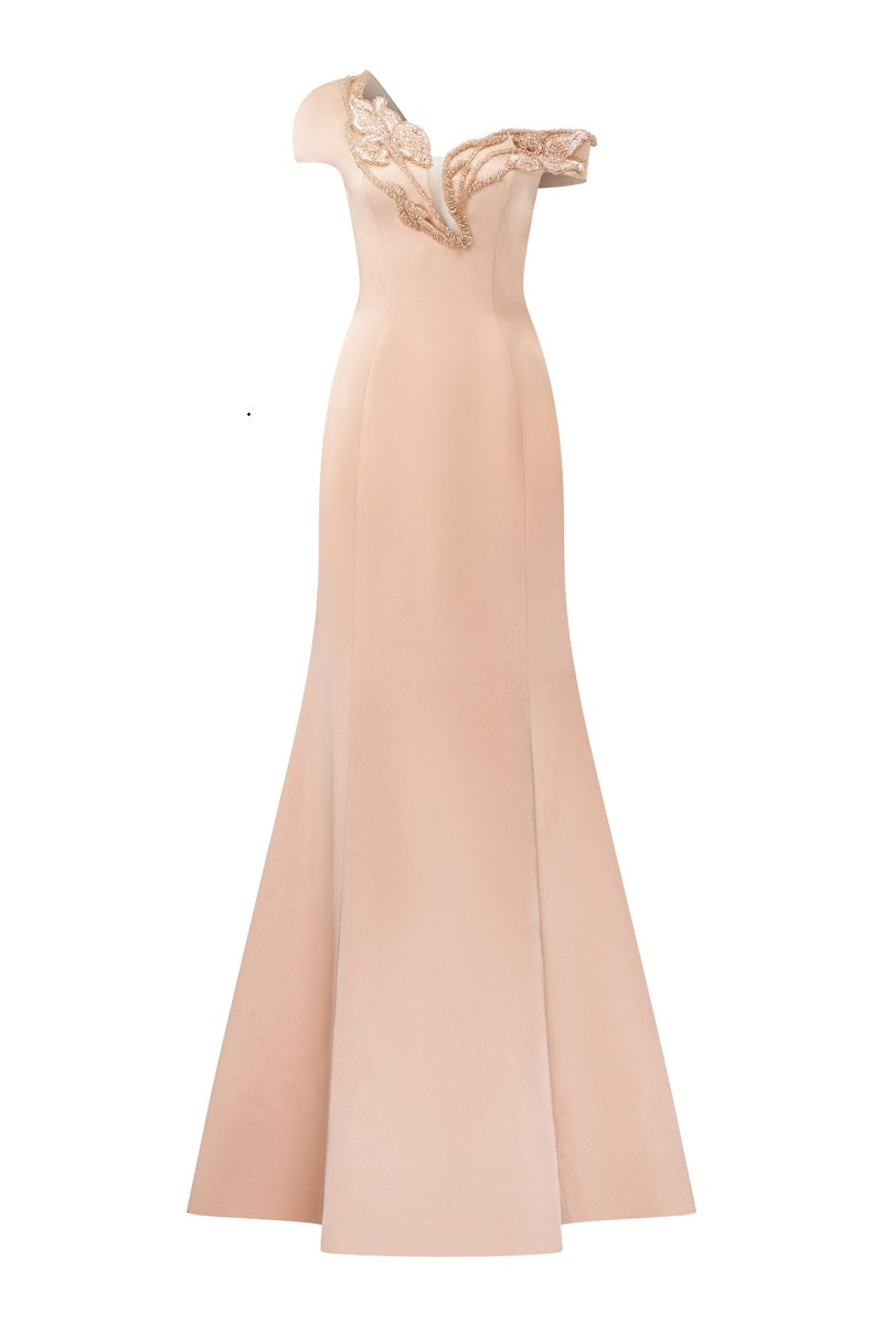Peach taffeta mikado mermaid maxi dress by Tracy Studio, featuring a fitted bodice and flowing skirt.
