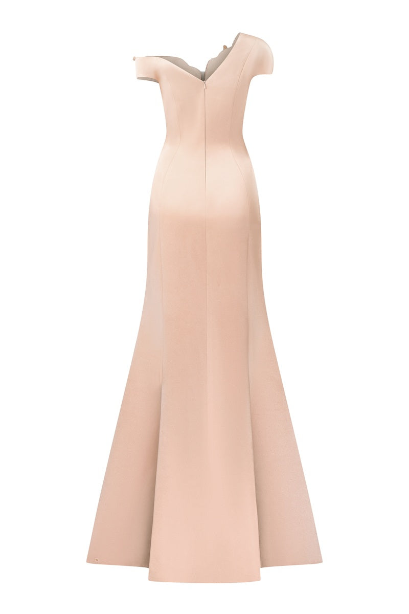 Peach taffeta mikado mermaid maxi dress by Tracy Studio, fitted silhouette with elegant draping and floral accents.