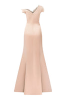 Elegant peach taffeta mikado mermaid gown by Tracy Studio, featuring a fitted silhouette and intricate detailing.