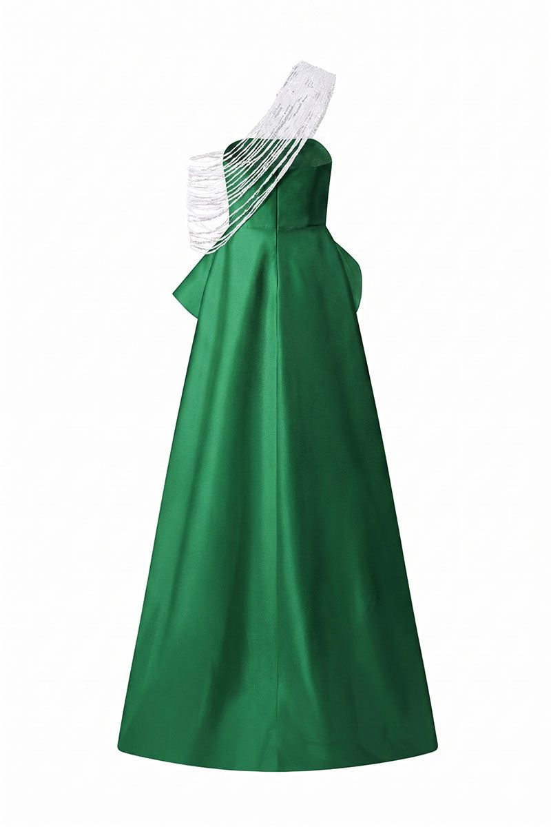 Green Tracy Studio taffeta bamboo peplum maxi dress with elegant design and flowing fabric, perfect for formal occasions.