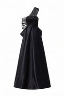 Black TAFFETA BAMBOO PEPLUM gown by Tracy Studio featuring a fitted bodice and elegant peplum detail.
