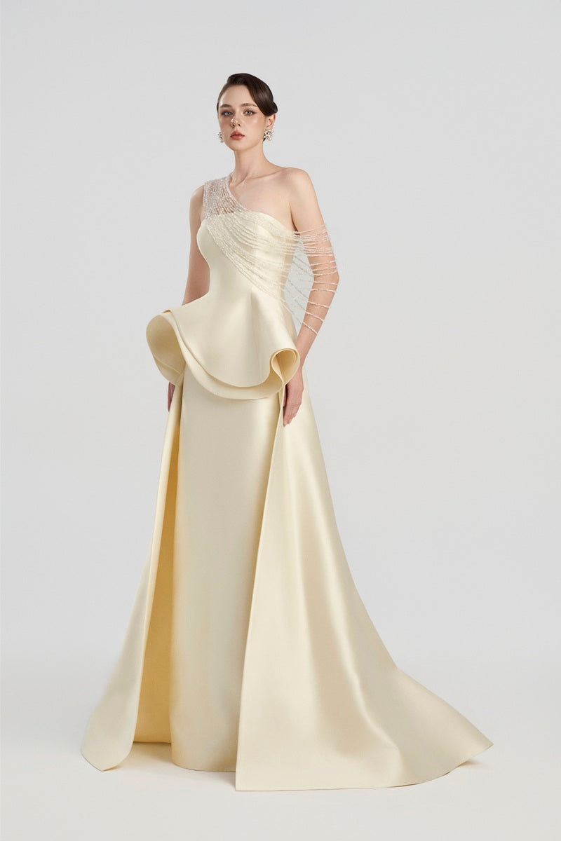 Elegant Tracy Studio taffeta bamboo peplum maxi dress, featuring a flowing silhouette and stylish peplum detail.
