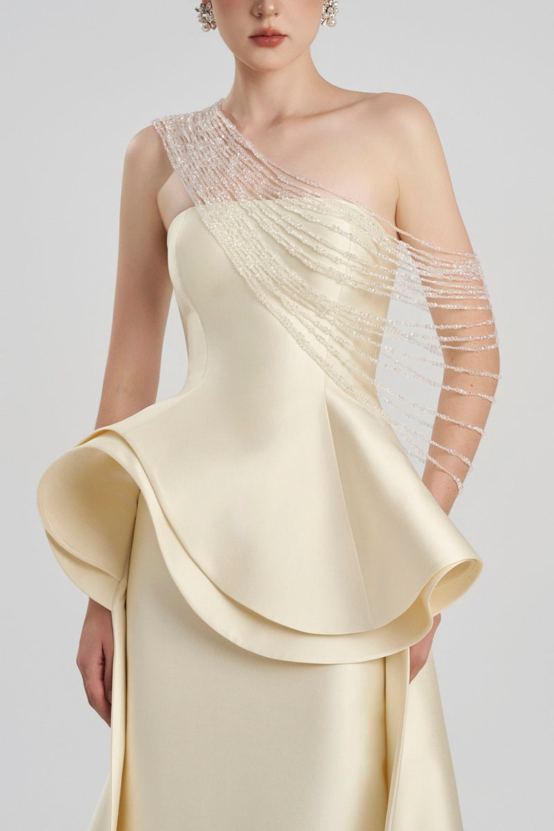 Elegant TAFFETA BAMBOO PEPLUM Maxi Dress by Tracy Studio featuring a flowing silhouette and intricate detailing.