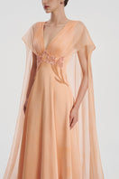 Elegant satin deep V-neck gown by Tracy Studio featuring a flowing silhouette and luxurious fabric.
