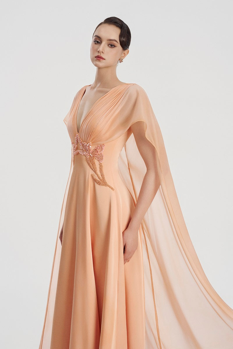 Elegant satin deep V-neck maxi dress by Tracy Studio, flowing fabric, and stylish design perfect for formal occasions.
