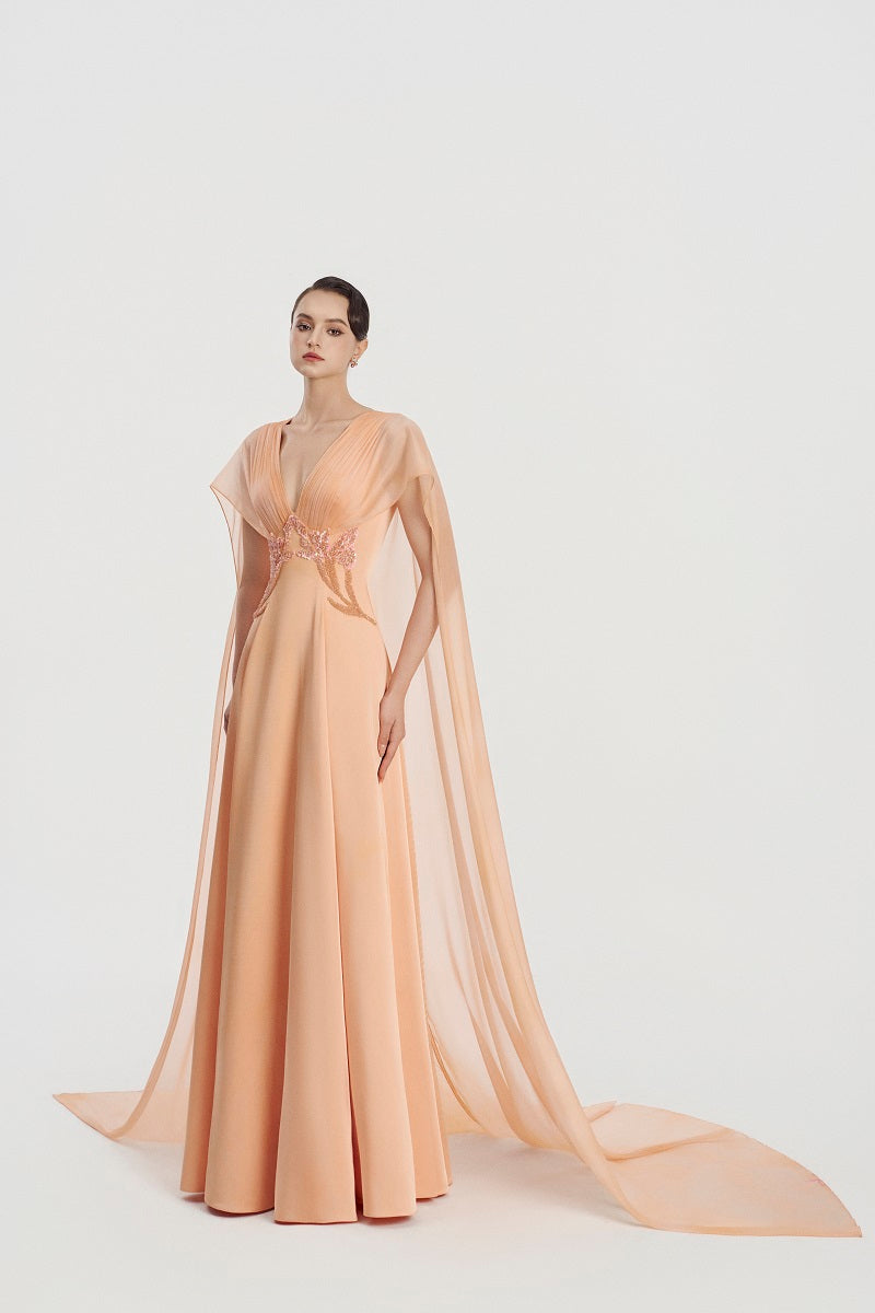 Elegant satin deep V-neck maxi dress by Tracy Studio, flowing fabric and stylish design perfect for formal occasions.