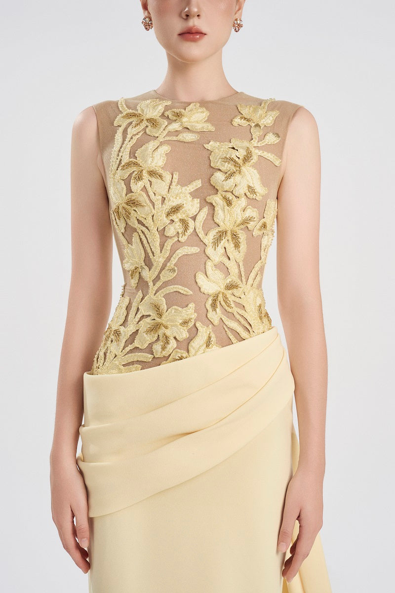 Yellow viscose matte maxi dress by Tracy Studio, flowing fabric and elegant design, worn by a model.
