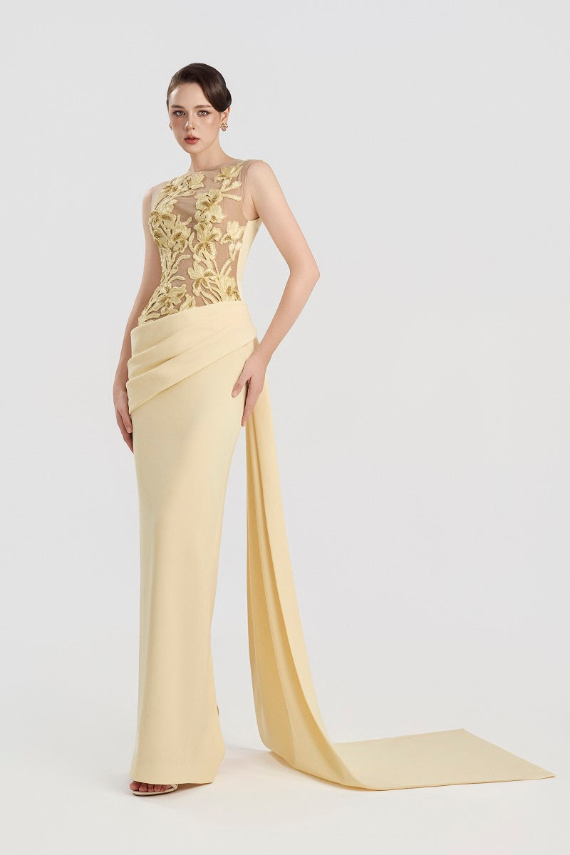 Yellow viscose matte maxi dress by Tracy Studio featuring a flowing design and elegant silhouette.