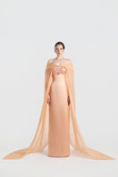 Elegant apricot taffeta mikado gown by Tracy Studio, showcasing luxurious fabric and classic design.