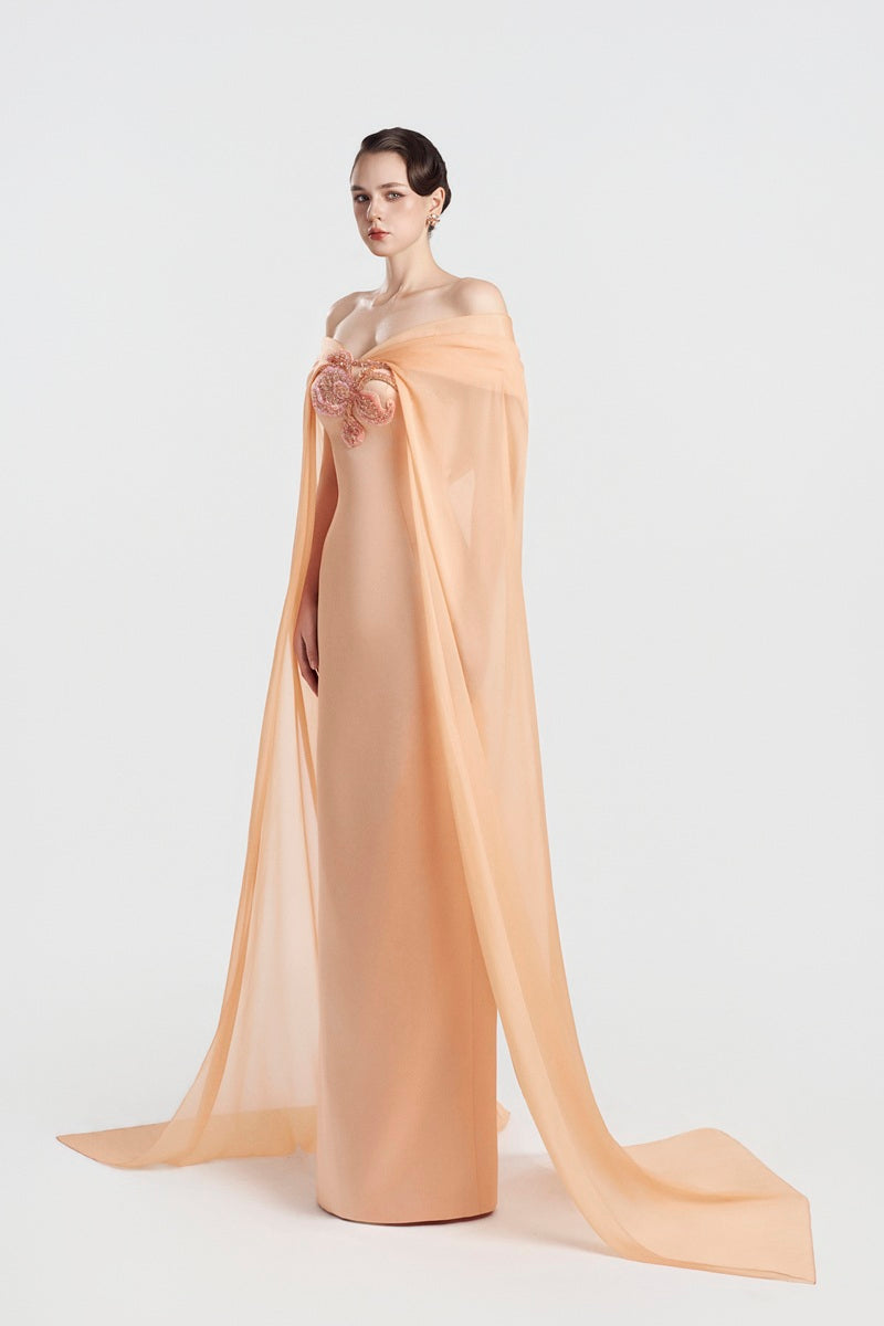 Apricot taffeta mikado maxi dress by Tracy Studio, elegant flowing dress with a smooth, shiny fabric and stylish design.