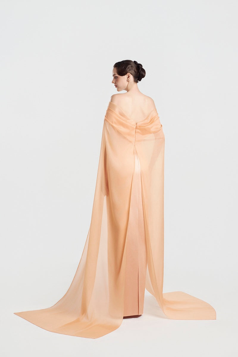 Apricot taffeta mikado maxi dress by Tracy Studio, elegant floor-length gown with a smooth, shiny fabric and flowing silhouette.