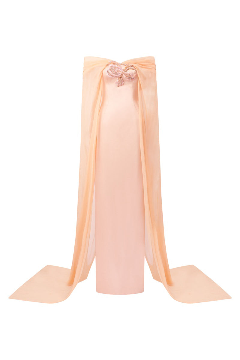 Apricot taffeta mikado maxi dress by Tracy Studio, elegant flowing gown with a smooth, shiny fabric and classic silhouette.