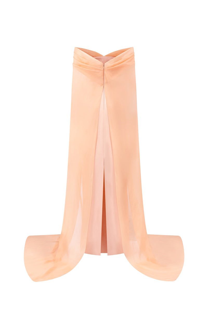 Apricot taffeta mikado maxi dress by Tracy Studio, featuring elegant fabric and flowing silhouette, perfect for formal occasions.