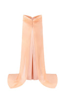Elegant apricot taffeta mikado gown by Tracy Studio featuring a flowing design and luxurious fabric.