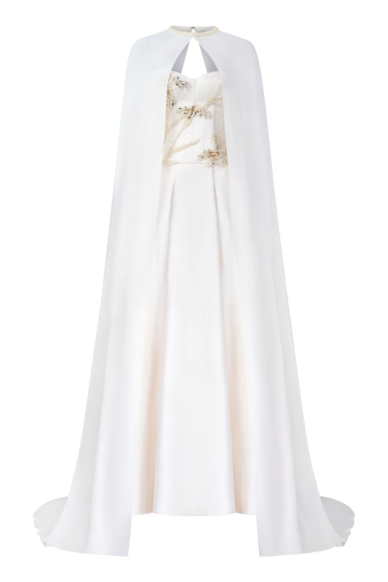 Off-white Taffeta Mikado maxi dress by Tracy Studio featuring elegant fabric and classic design, perfect for formal occasions.