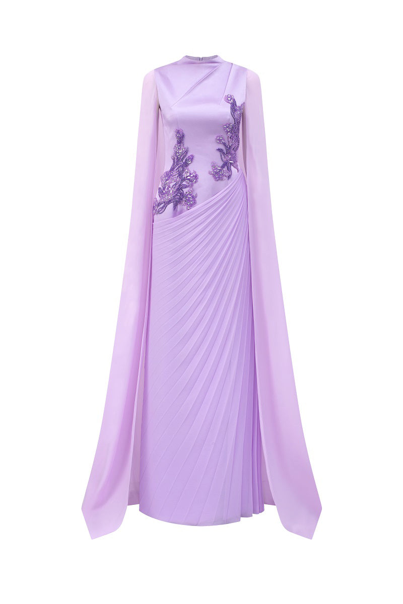 Lilac taffeta mikado maxi dress by Tracy Studio, featuring elegant fabric and flowing design, perfect for special occasions.