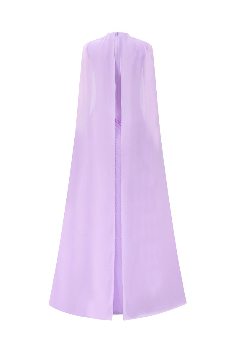 Lilac taffeta mikado maxi dress by Tracy Studio, featuring elegant fabric and flowing silhouette, ideal for formal occasions.