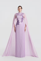 Light purple Taffeta Mikado gown by Tracy Studio, elegant floor-length dress with a smooth, shiny fabric and fitted silhouette.