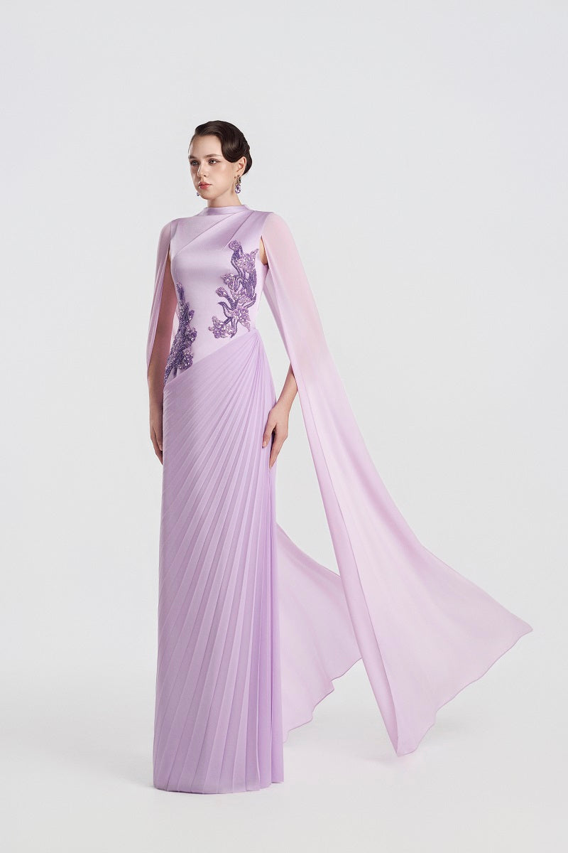 Lilac taffeta mikado maxi dress by Tracy Studio, flowing elegant design with a fitted bodice and full skirt.