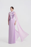 Elegant lilac taffeta mikado gown by Tracy Studio, showcasing a flowing design and luxurious fabric.