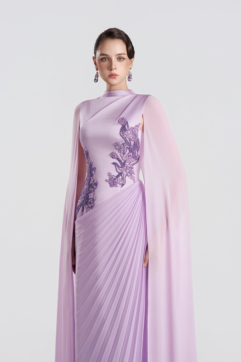 Lilac taffeta mikado maxi dress by Tracy Studio, featuring elegant fabric and full-length design for formal occasions.