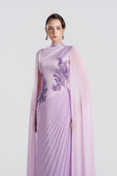 Elegant lilac taffeta mikado gown by Tracy Studio, showcasing a flowing design with intricate details and a sophisticated silhouette.
