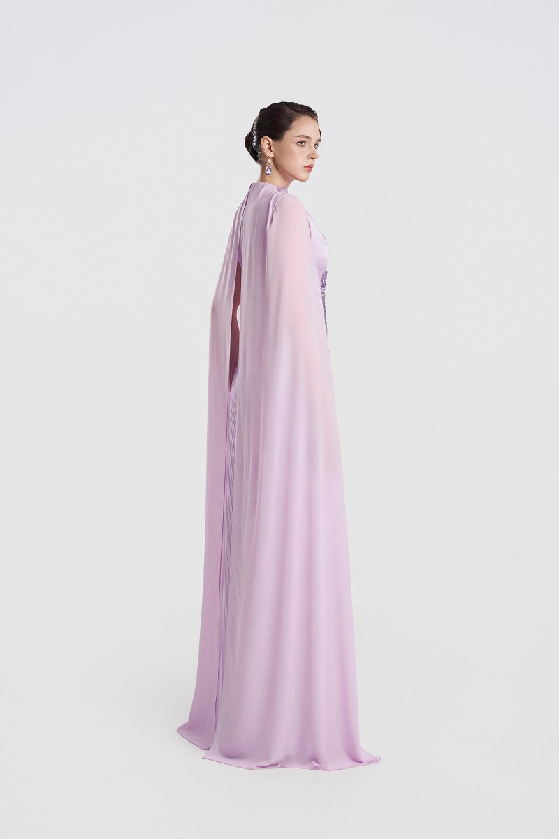 Lilac taffeta mikado maxi dress by Tracy Studio, elegant flowing gown with a fitted bodice and full skirt.
