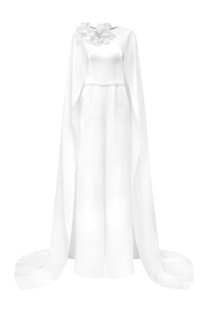 Tracy Studio satin jumpsuit with 3D floral embellishments, featuring a sleek maxi dress design and elegant fit.